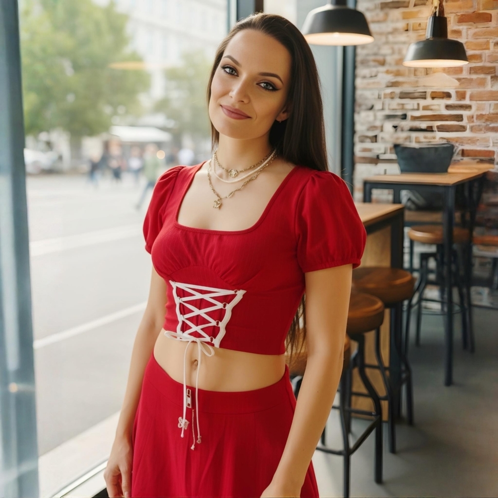 Crestone ✦ Lace-Up Red Puff Sleeve Crop Top ✦ Corset Front Square Neckline NWT